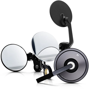 Round motorbike mirrors in chrome, black and modern design with various brackets.